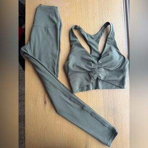 Paragon Fitness Sculptseam Leggings + Ruched Sports Bra Set in Olive both XS